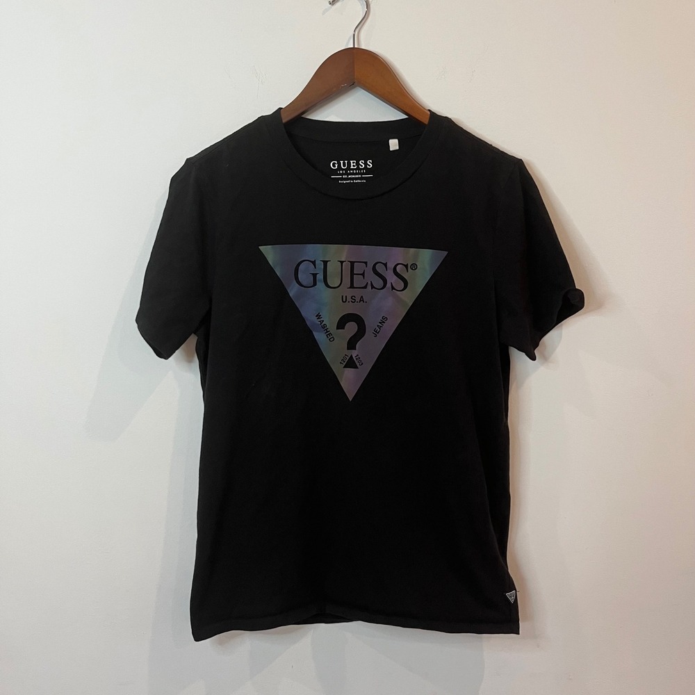 Guess Los Angeles Mens Black Iridescent Triangle Logo T-Shirt Small - 112